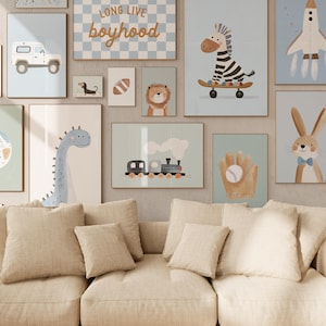 Set di stampe blu per pareti della cameretta dei ragazzi, decorazioni per la cameretta dei ragazzi a tema avventura, stampe di animali e spazio, stampe digitali per pareti della camera dei ragazzi