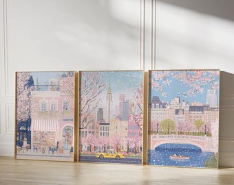 New York City Art Print Set of 3, Central Park Wall Art, Manhattan Skyline Watercolor, NYC Poster, Pink Cherry Blossom Print, Nursery Decor