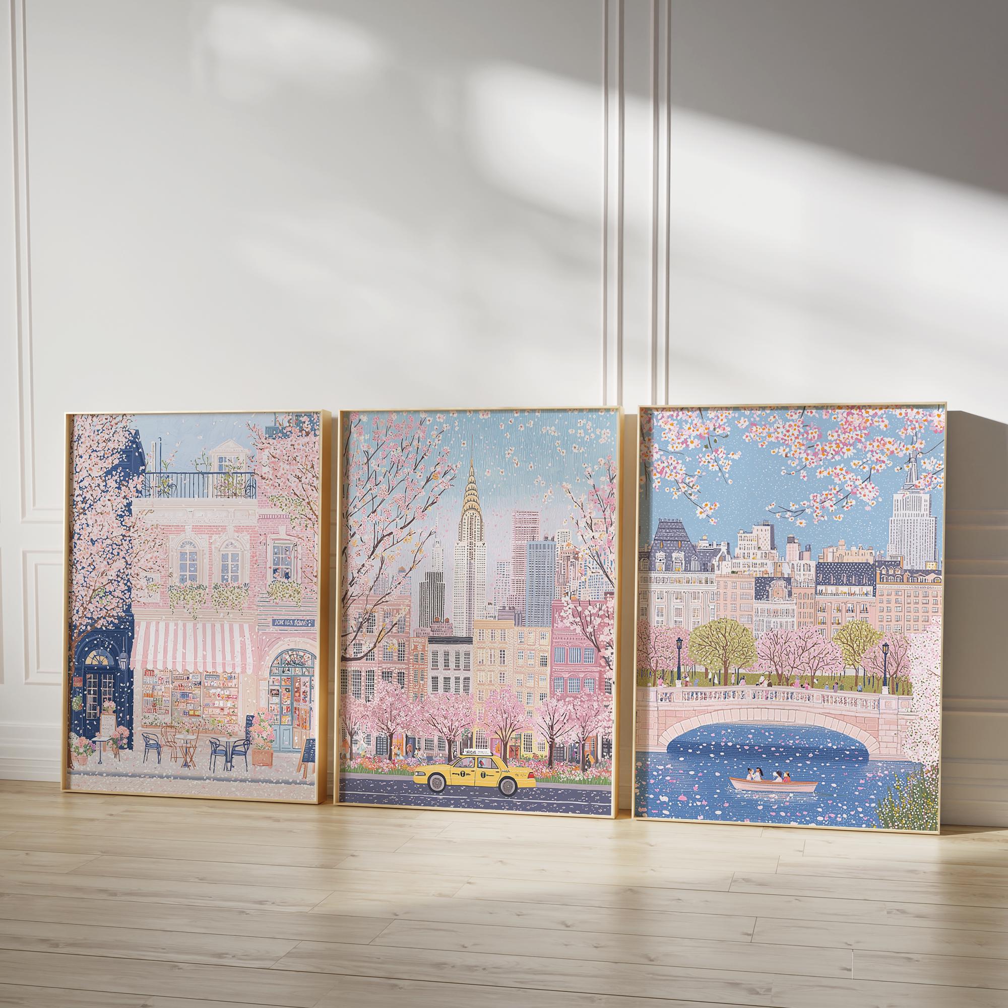 New York City Art Print Set of 3, Central Park Wall Art, Manhattan Skyline Watercolor, NYC Poster, Pink Cherry Blossom Print, Nursery Decor