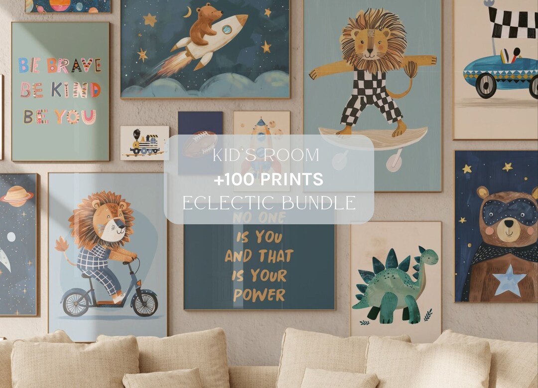100 Eclectic Boys' Room Prints Bundle Fun & Inspirational Wall Art