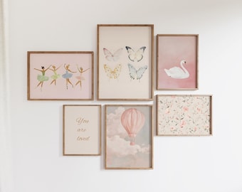 Vintage Pink Nursery Prints - Set of 10 Wall Art Digital Downloads - Baby Girl Room Decor Pink - Vintage Kids Room Gallery Wall Art