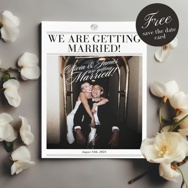 Editable Wedding Newspaper Program, Wedding Timeline Printable, Unique Wedding Invitation, Photo Wedding Invitation with Save the Date
