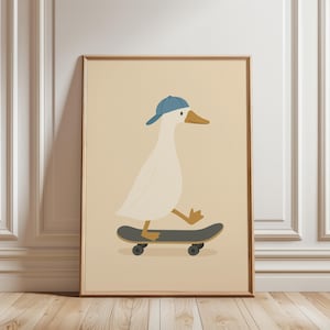 Skating Duck Print, süßes Tier Wandbild, Kinderzimmer Dekor, modernes Kinderzimmer Poster, Skateboard Kunst, Neutral Jungenzimmer, digitaler Download
