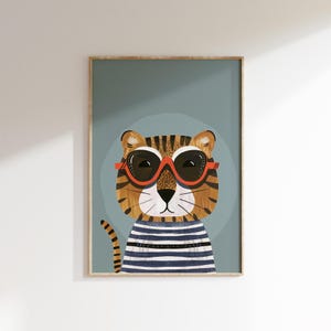 Póster de tigre con gafas de sol: divertido arte mural de animales, decoración infantil, lámina original para habitación infantil, obra de arte divertida para habitación infantil.