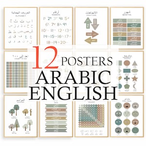 May include: A set of twelve educational posters in Arabic and English. The posters cover various topics, including the alphabet, numbers, directions, months, shapes, feelings, seasons, days, and squares. The posters have a neutral colour palette.