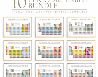 May include: A collection of ten framed prints of the periodic table of elements. Each print features a different color scheme for the elements, with the text "THE PERIODIC TABLE OF ELEMENTS" at the top. The image also includes the text "10 PERIODIC TABLE BUNDLE EDUCATIONAL WALL ART DIGITAL DOWNLOAD".
