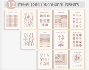Set of 12 Educational Posters, Classroom Decor Bundle, Pastel kids room art, Montessori Posters, Boho Playroom Prints, Digital download