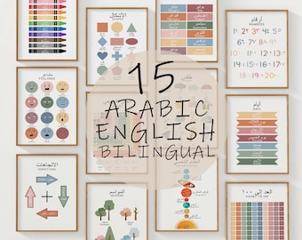 15 Arabic English Bilingual Educational Posters for Kids, Printable Nursery Classroom Wall Art Learning Set, Digital Download