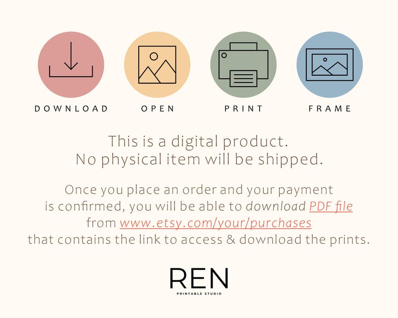 May include: A digital product graphic with four circular icons labeled 'Download', 'Open', 'Print', and 'Frame'. Text below states, 'This is a digital product. No physical item will be shipped.' The Etsy shop name 'REN PRINTABLE STUDIO' is at the bottom.