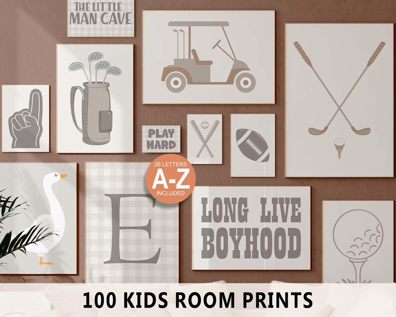 May include: A collection of framed prints with a sports and kids theme. The prints feature golf clubs, a golf cart, a football, and the text "THE LITTLE MAN CAVE" and "LONG LIVE BOYHOOD". The image also includes the text "100 KIDS ROOM PRINTS".