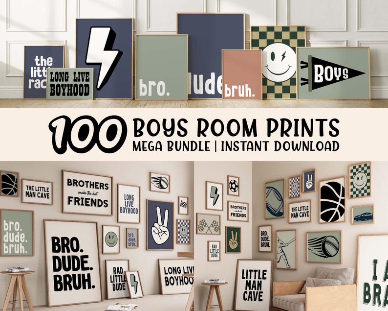 May include: A collection of framed wall art prints with various designs and text, including a lightning bolt, smiley faces, and the words "Boys" and "Bro." The prints are in neutral colors and are suitable for a boy's room.