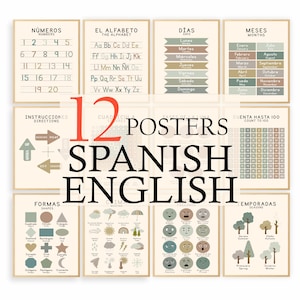 Spanish English Bilingual Educational Posters | Learn Alphabet, Numbers & More | Homeschool, Classroom Decor | Montessori Printable Wall Art