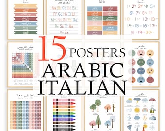 15 Bilingual Arabic & Italian Educational Posters | Bilingual Learning Charts for Kids | Italian Alphabet, Numbers, Colors, Shapes And More.