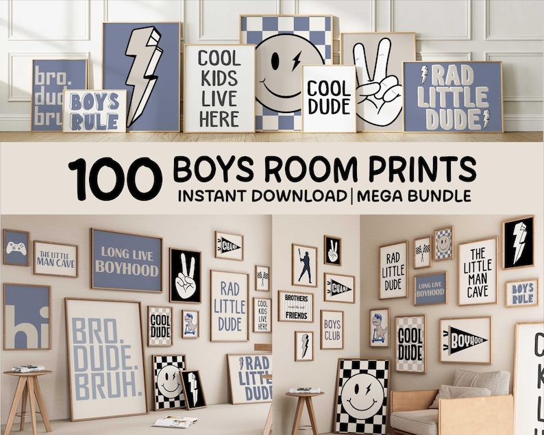 May include: Collection of framed wall art prints with various designs and text, including a lightning bolt, smiley face, and peace sign. The prints feature phrases like "Cool Dude" and "Rad Little Dude". The image also includes the text "100 BOYS ROOM PRINTS".