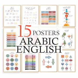 May include: Fifteen educational posters in a grid layout, featuring Arabic and English text. Topics include numbers, the alphabet, months, the solar system, days of the week, seasons, feelings, colors, directions, and shapes. The posters have a neutral color palette.