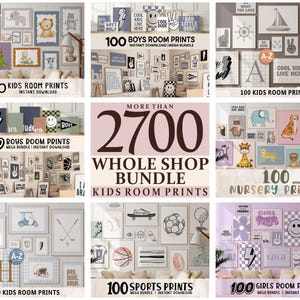 May include: A collection of framed art prints for kids' rooms, including themes like sports, nursery, and girls' rooms. The prints feature various illustrations and text, with the words "100 Kids Room Prints," "100 Boys Room Prints," and "100 Sports Prints" visible.