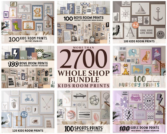 2700 Kids Room Wall Art Bundle, Whole Shop Printable Set, Eclectic Nursery Prints, Safari Sports Quotes Cool Kids Prints, Digital Download