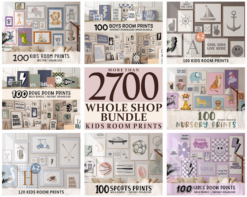 May include: A collection of framed art prints for kids' rooms, including themes like sports, nursery, and girls' rooms. The prints feature various illustrations and text, with the words "100 Kids Room Prints," "100 Boys Room Prints," and "100 Sports Prints" visible.