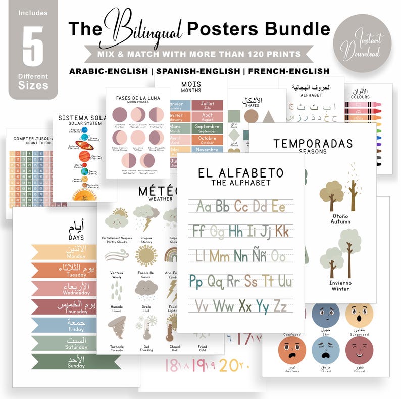 May include: A bundle of bilingual educational posters in various sizes. The posters cover topics like the alphabet, seasons, weather, and the solar system. The posters are in Arabic-English, Spanish-English, and French-English.