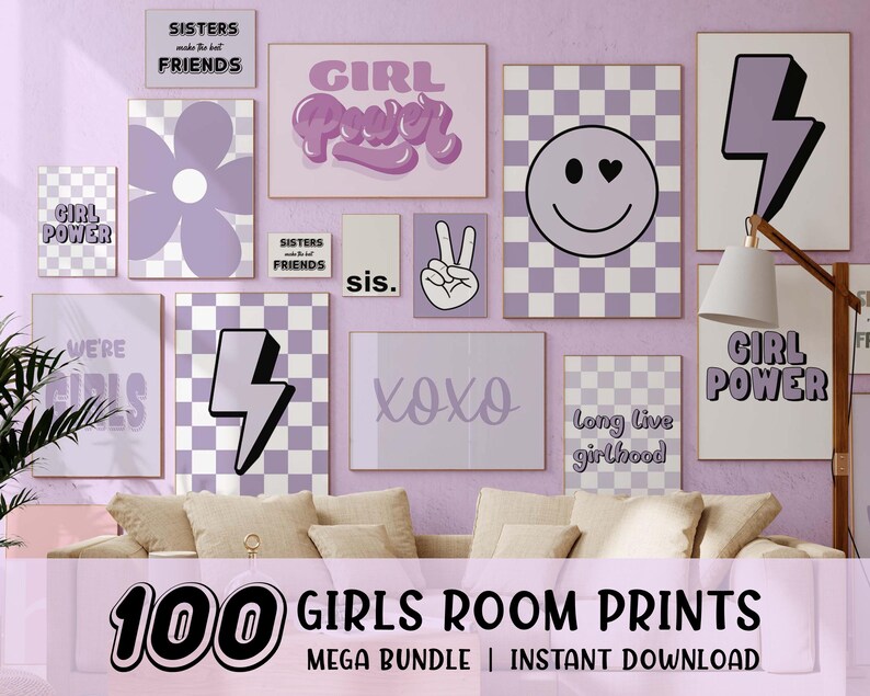 May include: A collection of framed wall art with a purple and white color scheme. The prints feature phrases like "Girl Power," "Sisters make the best friends," and "XOXO." Other designs include a flower, a lightning bolt, and a smiley face.