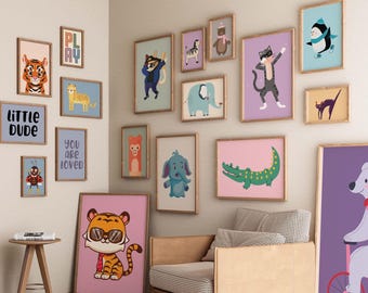 Animals Art For Kids Room Decor Set Of 100, Colorful Safari Animals & Playful Posters, Eclectic Nursery Decor, Fun Playroom Ideas