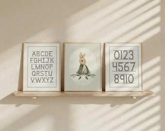 Kids Room Sports Alphabet Numbers Prints, Vintage Style Nursery Decor (Digital Download)