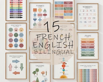 15 French English Bilingual Educational Posters for Kids, Printable Nursery Classroom Wall Art Learning Set, Digital Download