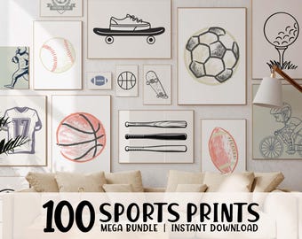 Pack Of 100 Sports Kids Room Wall Art Prints, Sports Nursery Gallery Wall, Kids Sports Posters, Playroom Decor, Instant Digital Download