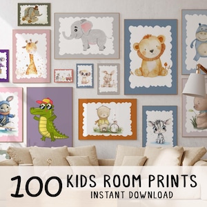 May include: A collection of framed animal prints, including an elephant, lion, and zebra, displayed on a wall. The prints feature watercolor illustrations of various animals. The text "100 KIDS ROOM PRINTS INSTANT DOWNLOAD" is at the bottom.