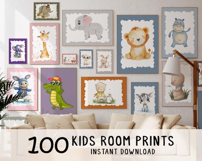 May include: A collection of framed animal prints, including an elephant, lion, and zebra, displayed on a wall. The prints feature watercolor illustrations of various animals. The text "100 KIDS ROOM PRINTS INSTANT DOWNLOAD" is at the bottom.