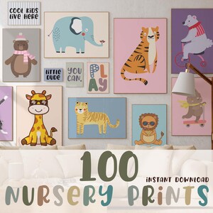 May include: A collection of colorful nursery prints featuring various animals, including a toucan, bear, elephant, tiger, and lion. The prints are displayed on a wall with the text "COOL KIDS LIVE HERE" and "100 NURSERY PRINTS INSTANT DOWNLOAD".