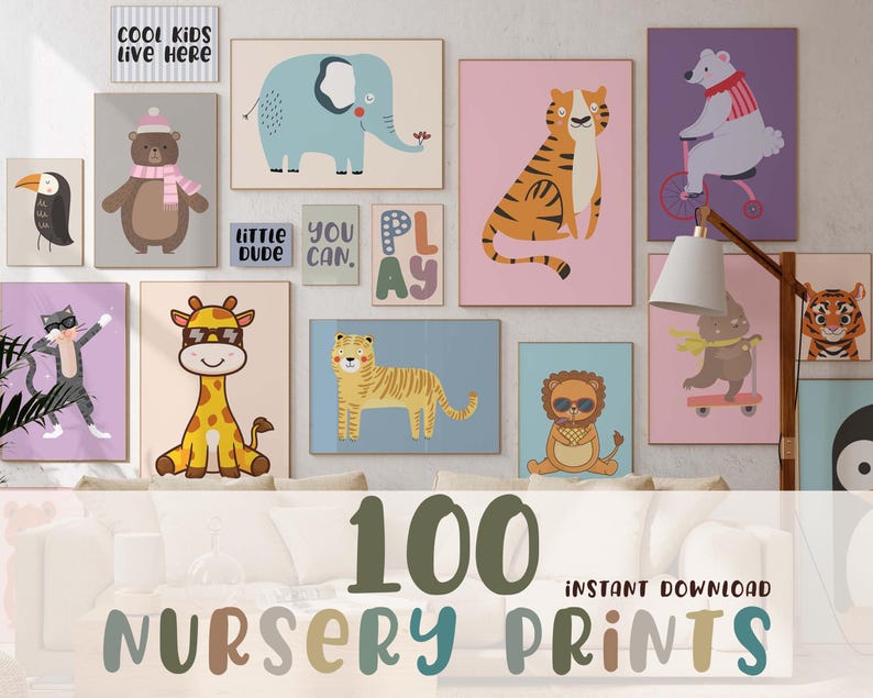 May include: A collection of colorful nursery prints featuring various animals, including a toucan, bear, elephant, tiger, and lion. The prints are displayed on a wall with the text "COOL KIDS LIVE HERE" and "100 NURSERY PRINTS INSTANT DOWNLOAD".