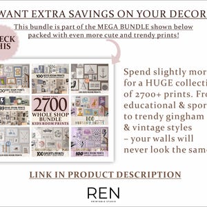 May include: A promotional image for a print shop, featuring a grid of various art prints. Text includes "Want Extra Savings on Your Decor?" and "Whole Shop Bundle Kids Room Prints." The prints cover themes like sports, nursery, and boys' and girls' rooms.