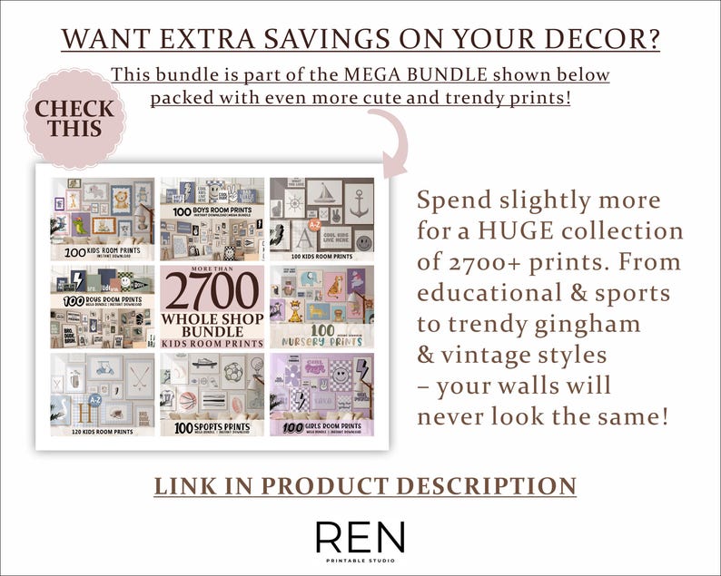 May include: A promotional image for a print shop, featuring a grid of various art prints. Text includes "Want Extra Savings on Your Decor?" and "Whole Shop Bundle Kids Room Prints." The prints cover themes like sports, nursery, and boys' and girls' rooms.