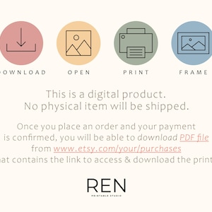 May include: A digital product graphic with four circular icons labeled 'Download', 'Open', 'Print', and 'Frame'. Text below states, 'This is a digital product. No physical item will be shipped.' The Etsy shop name 'REN PRINTABLE STUDIO' is at the bottom.