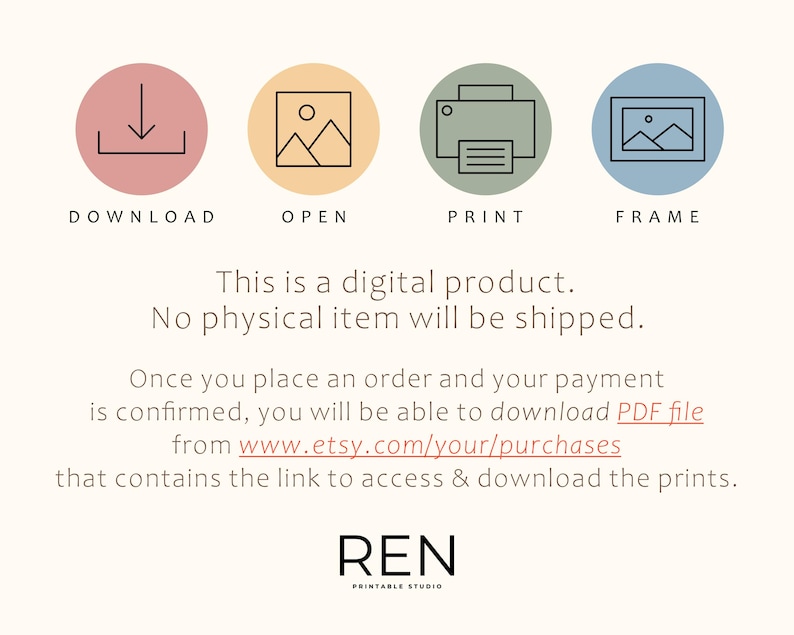 May include: A digital product graphic with four circular icons labeled 'Download', 'Open', 'Print', and 'Frame'. Text below states, 'This is a digital product. No physical item will be shipped.' The Etsy shop name 'REN PRINTABLE STUDIO' is at the bottom.