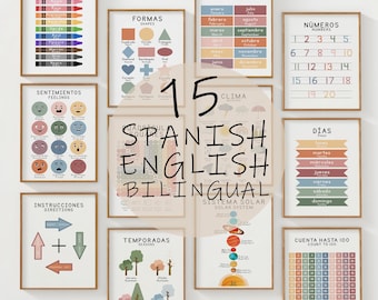 15 Spanish English Bilingual Educational Posters for Kids, Printable Nursery Classroom Wall Art Learning Set, Digital Download