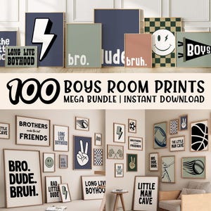 Könnte beinhalten: Eine Sammlung gerahmter Wandkunstdrucke mit verschiedenen Designs und Texten, darunter ein Blitz, Smileys und die Worte "Boys" und "Bro." Die Drucke sind in neutralen Farben gehalten und eignen sich für ein Jungenzimmer. Der Text "100 Boys Room Prints Mega Bundle | Instant Download" ist ebenfalls sichtbar.