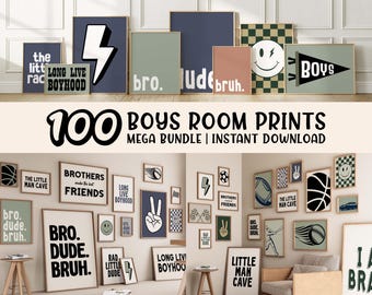 Pack Of 100 Retro Boys Room Wall Art Prints, Cool Kids Prints for Nursery or Bedroom, Bro Dude Bruh Sports Racer Dino Quotes Wall