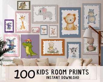 100 Kids Room Prints Bundle Colorful Baby Animal Nursery Wall Art Playroom Decor Digital Download Printable Poster Set Safari Theme Zoo Pack