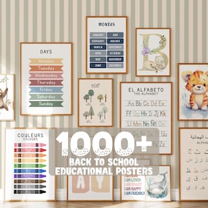 Könnte beinhalten: Eine Sammlung von gerahmten Lernpostern für den Schulanfang. Die Poster zeigen die Wochentage, Monate, das Alphabet, Farben und inspirierende Botschaften. Die Poster haben eine neutrale Farbpalette und eignen sich für ein Klassenzimmer oder Spielzimmer.