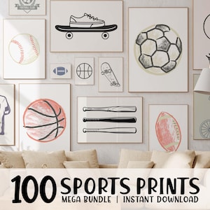 May include: A collection of framed sports-themed prints, including a baseball, basketball, football, soccer ball, skateboard, and baseball bats. The prints are displayed on a white wall above a beige sofa. The text "100 SPORTS PRINTS MEGA BUNDLE | INSTANT DOWNLOAD" is at the bottom.