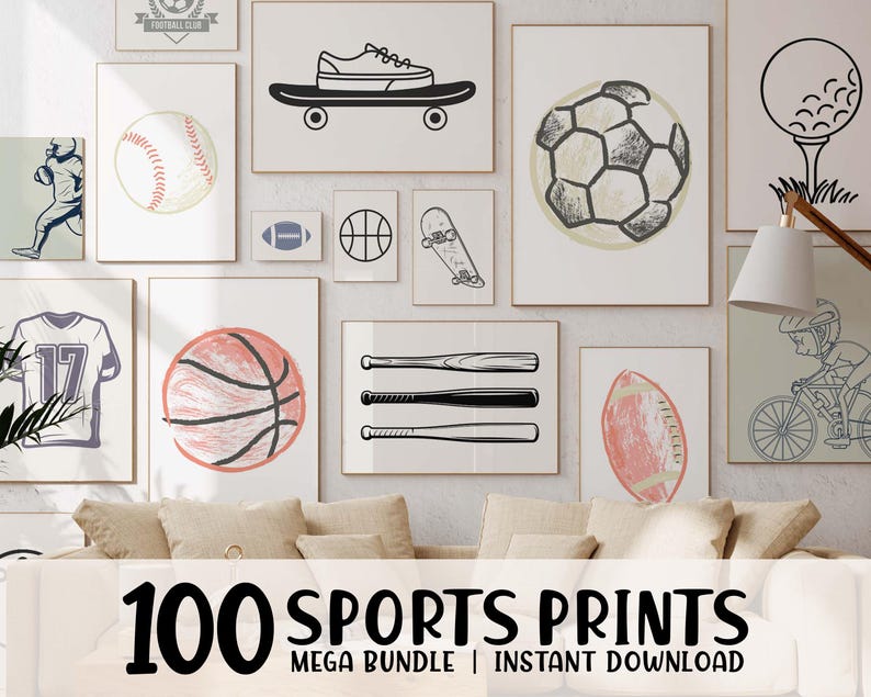 May include: A collection of framed sports-themed prints, including a baseball, basketball, football, soccer ball, skateboard, and baseball bats. The prints are displayed on a white wall above a beige sofa. The text "100 SPORTS PRINTS MEGA BUNDLE | INSTANT DOWNLOAD" is at the bottom.