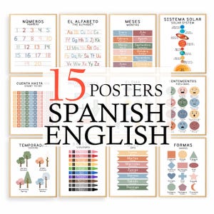 15 Bilingual Spanish-English Educational Posters | Montessori Learning Wall Decor | Homeschool Charts for Kids | Alphabet, Numbers, Shapes |