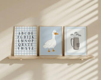 Blue Gingham Nursery Prints Set Of 120, Sports Focused Decor, Nautical Wall Art, Initial Letters, Digital Download