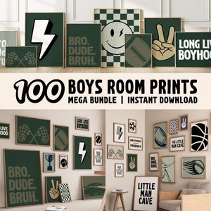 May include: A collection of framed wall art prints in various sizes, featuring a green and white color scheme. The prints include lightning bolts, smiley faces, footballs, peace signs, and text such as "Bro. Dude. Bruh." and "Long Live Boyhood."