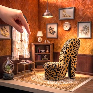 May include: A miniature dollhouse room featuring a leopard print high-heel shoe chair, a wooden bookshelf, a small side table with a teacup, a glass terrarium with a plant, and framed wall art depicting various footwear and a clock.