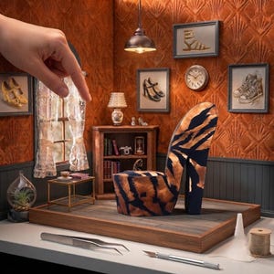 May include: A miniature room diorama featuring a high-heeled shoe-shaped chair with a black and copper tiger-stripe pattern. The room includes a wooden bookshelf, a small side table, a lamp, and framed wall art depicting various footwear styles.