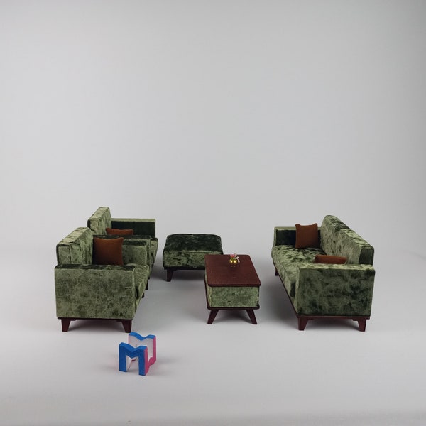 Handmade emerald green velvet miniature sofa set