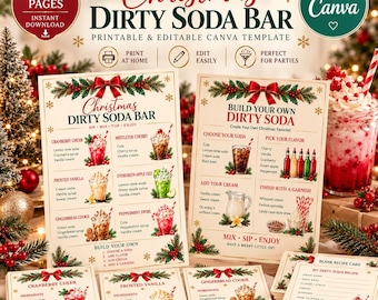 以下が含まれることがあります： クリスマス・ダーティ・ソーダ・バーの印刷可能なテンプレートセット。9ページの編集可能な看板とレシピカードが含まれています。赤いリボン、ヒイラギ、松の枝の装飾が施され、ソーダ、フレーバー、クリームの組み合わせに関するテキストが記載されています。